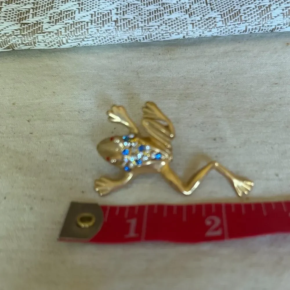 Vintage Gold Frog Brooch with Blue and Red Accents